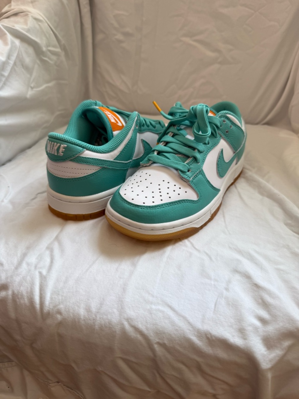 Nike Dunk Low women’s size 6.5.  White/ washed teal kumquat colorway. NWB